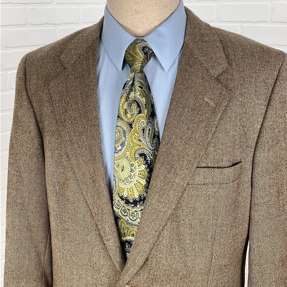 Club Room Blazer Men 42L Brown Yellow Herringbone Classic Career Wool‎ Cashmere - Picture 1 of 15